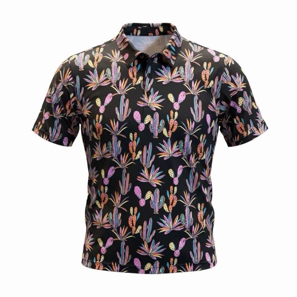 Chubbies Men's Polo Neon Desert Black Cactus Performance Stretch Golf Size XL